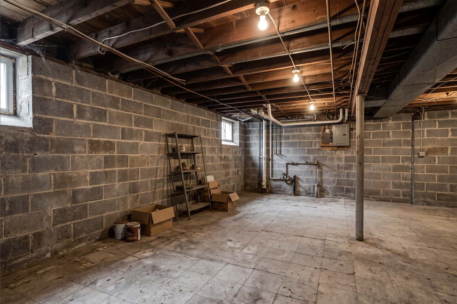 Raw concrete unfinished damp basement before remodeling in Alexandria VA - before